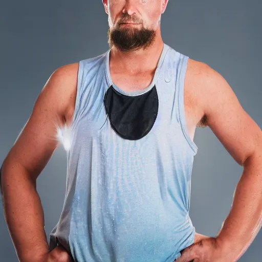 Prompt: a beautiful portrait of a bloke wearing futuristic speed dealers and a tank top, on a hot australian day, high quality, photography, volumetric lighting, 8 k