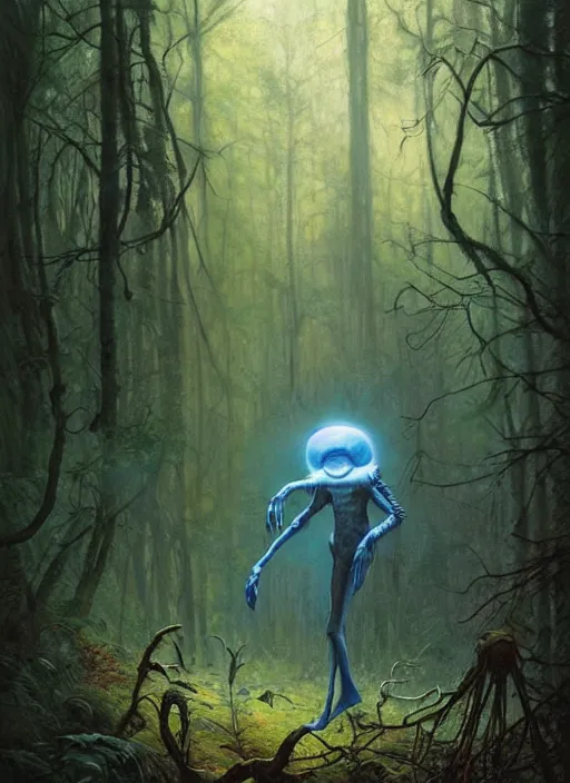 Image similar to hyper realistic spooky alien in the woods in a river gorgeous lighting, lush forest foliage blue sky a hyper realistic painting by chiara bautista and beksinski and norman rockwell and greg rutkowski, tom bagshaw weta studio, and lucasfilm