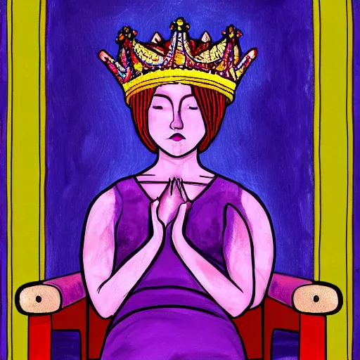 Image similar to A skinny woman with purple hair wearing a crown, sitting in a red throne in a dark room. Digital painting.