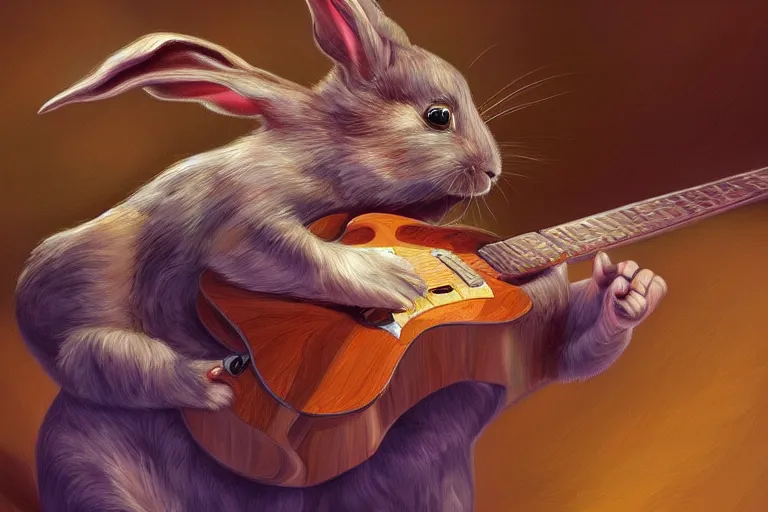 Image similar to a hyperdetailed digital oil painting of a rabbit is playing the guitar, cartoon, trending on artstation and deviantart