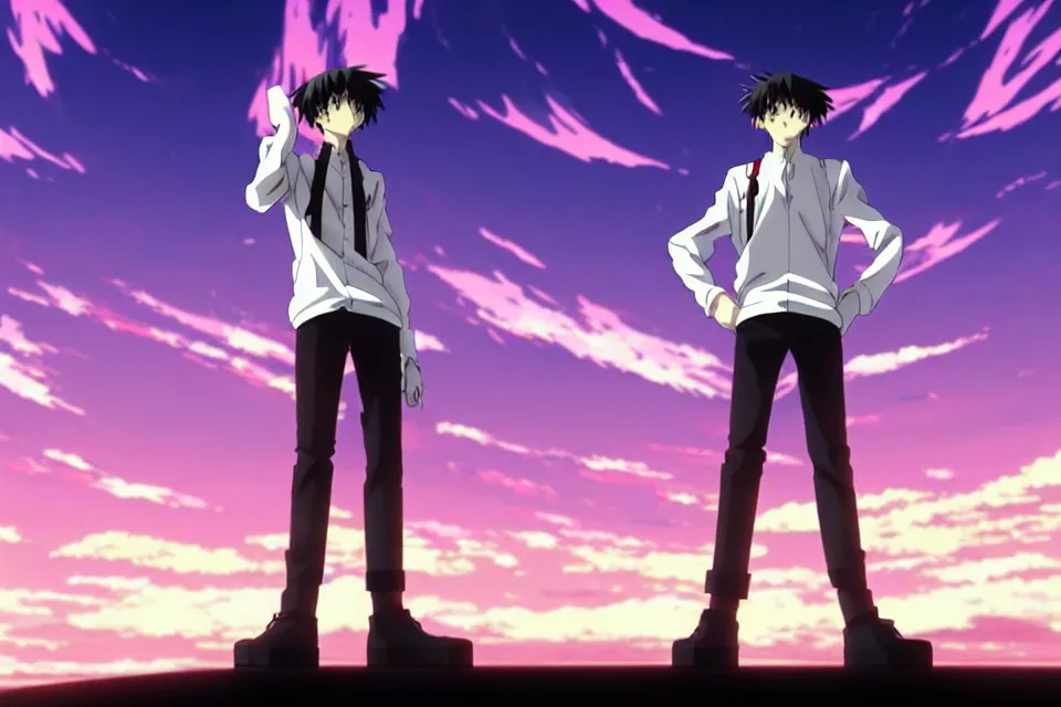 Prompt: anime illustration of ikari shinji wearing a white shirt and black pants and a black huge evangelion eva - 0 1 standing menacingly behind him on an empty highway at sunrise, cinematic lighting, evangelion rebuild anime 1 0 8 0 p, 9 0 s anime aesthetic, volumetric lights, rule of thirds, unreal engine render, pinterest wallpaper, trending on artstation