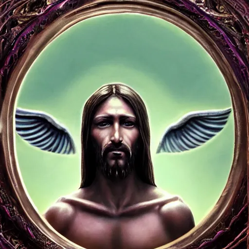 Image similar to 4K headshot of godlike Jesus of Nazareth with defined arms and open hands and bloody clothes with giant mandala wings , intricate face , flawless anime cel animation by Kentaro Miura, psychedelic , highly detailed upper body , professionally post-processed , beautiful, scary, symmetry accurate features, epic, octane rendered, anime masterpiece, accurate by Craig Mullins, ilya kuvshinov, krenz cushart, epic , artgerm trending on artstation by Edward Hopper and Dan Mumford and WLOP and Rutkovsky, beksinski carl spitzweg moebius and tuomas kocar, intricate artwork by caravaggio, Unreal Engine 5, Lumen, Nanite