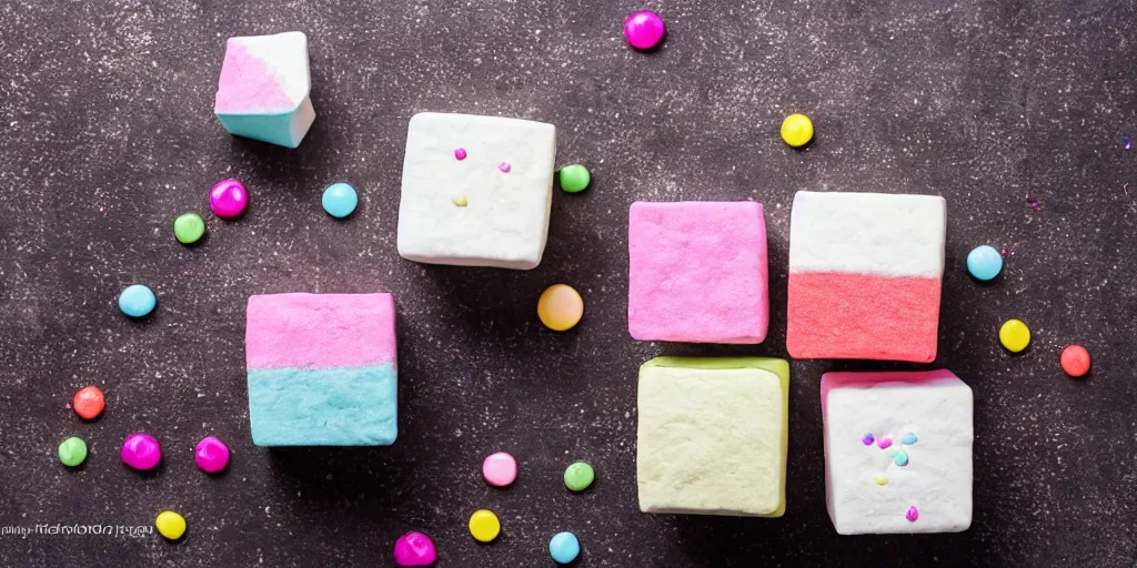 Image similar to photograph of a marshmallow cube with sprinkles and on a dark wooden chopping board, pastel colours, hessian cloth, styled food photography, photorealistic, 4 k