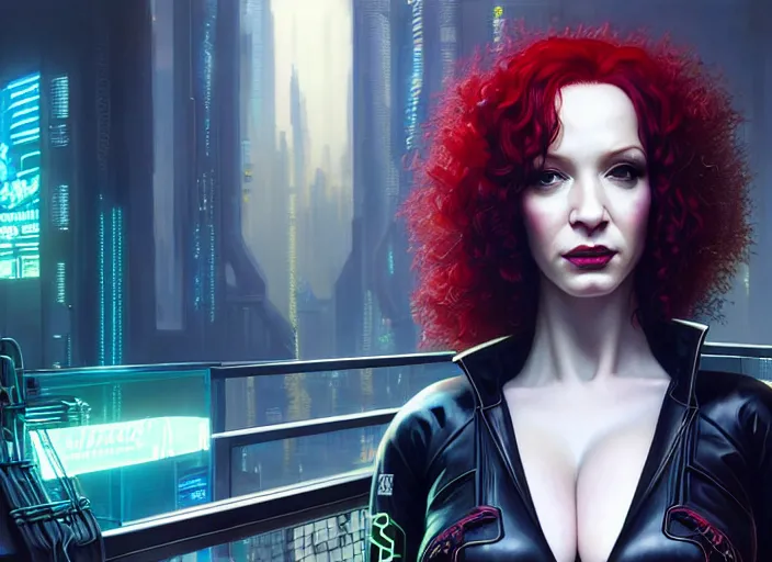 Image similar to portrait shot of a christina hendricks wearing cyberpunk clothing in cyberpunk 2 0 7 7, intricate, elegant, highly detailed, centered, digital painting, artstation, concept art, smooth, sharp focus, illustration, artgerm, tomasz alen kopera, peter mohrbacher, donato giancola, joseph christian leyendecker, wlop, boris vallejo