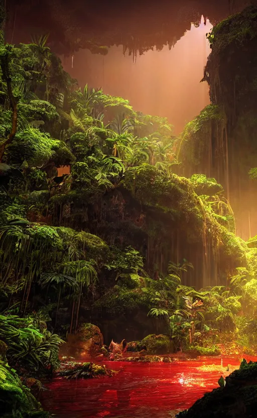 Prompt: a beautiful render of a dark prehistoric rainforest in a humongous cave, lush flora, patches of yellowish - red - magenta sky, sunset lighting, fireflies, floating mountains and a waterfall in the background, intricate detail, hazy, humid, volumetric lighting, god rays, 8 k, photorealistic, raytracing effects, unreal engine 5