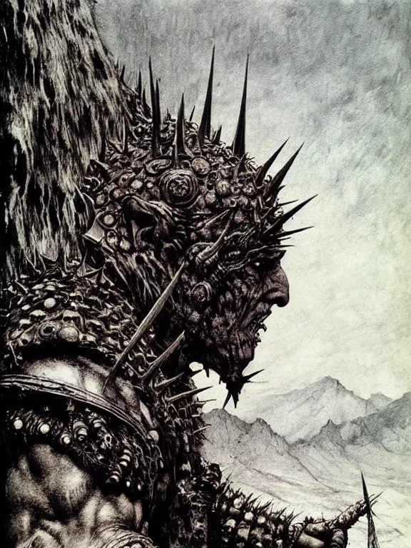 Prompt: A powerful large orc with pale skin covered in scars stands near the mountains, wearing spiky complex detailed armor without a helmet. Art by Zdzisław Beksiński, Arthur Rackham