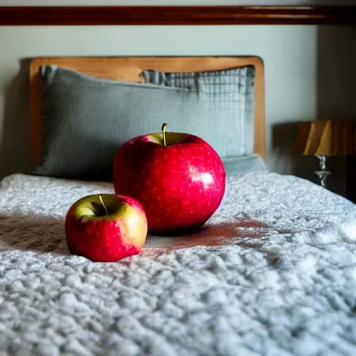 Image similar to a giant apple over a bed in a 70's bedroom, soft light