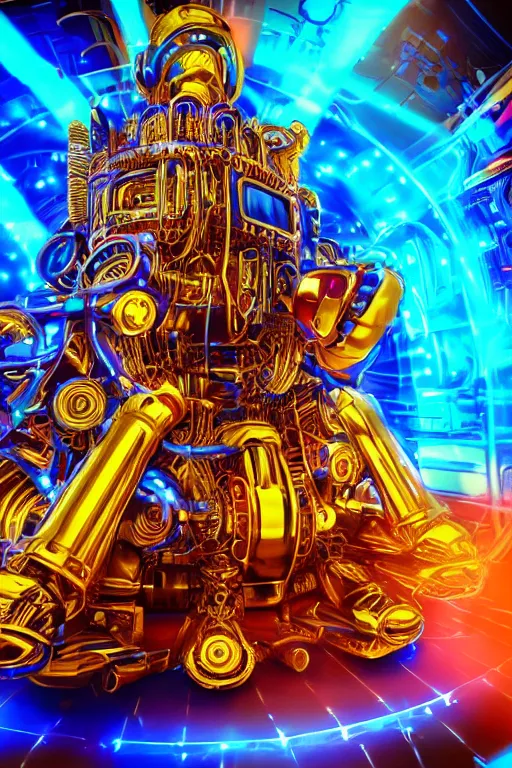 Image similar to portrait photo of a giant huge golden and blue metal futuristic steampunk robot covered with multicolored big gears and tubes, a red electric guitar, eyes are glowing red lightbulbs, shiny crisp finish, 3 d render, 8 k, insaneley detailed, fluorescent colors, background is multicolored lasershow