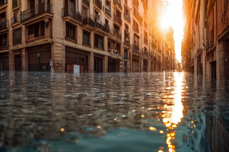 Image similar to views of catastrophic barcelona streets covered with water, global warming, sunset lighting, photo real