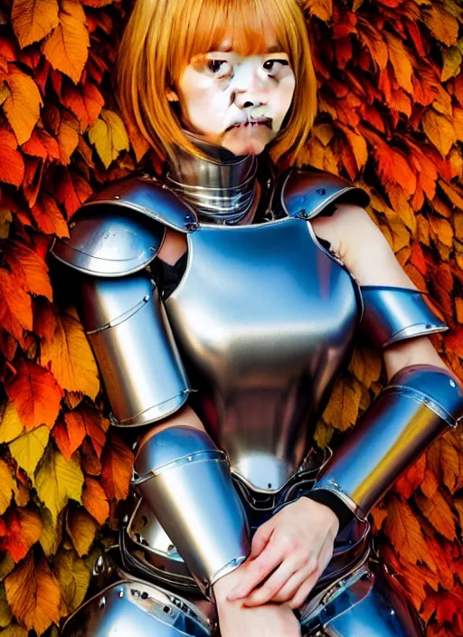 Prompt: a masterpiece hyperrealistic ultradetailed fullbody photograph of a lifelike real human anime girl wearing steel plate armor, surrounded by fall leaves, actual person, k - pop, rough skin pores texture, desaturated, photoreal image, made by wlop, photoreal, blender, unreal engine, extremely detailed, trending on artstation, sharp focus, 4 k