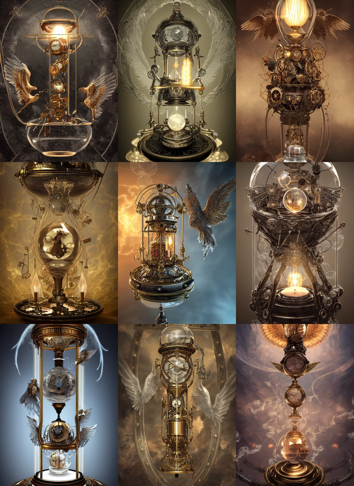 Prompt: steampunk seraphim and cherubim inside a glass marble, hourglass, lightning, intricate detail, volumetric lighting, epic composition, hyper detailed, ultra realistic, sharp focus, octane render, candle, volumetric, ray tracing, artstation trending, cgsociety, sense of awe, swirling mist, 4 k