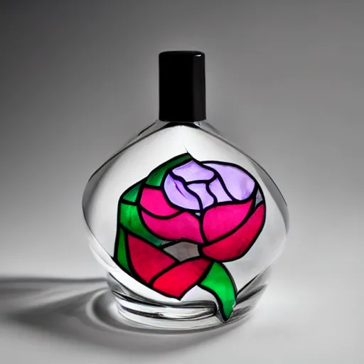 Prompt: a perfume bottle made of stained glass in the design of a rose, product photography, dramatic lighting on white background