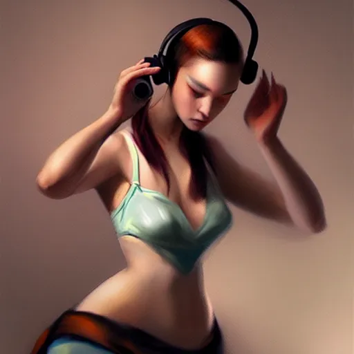 Image similar to a realism illustration of a beautiful woman with headphones dancing by bayard wu