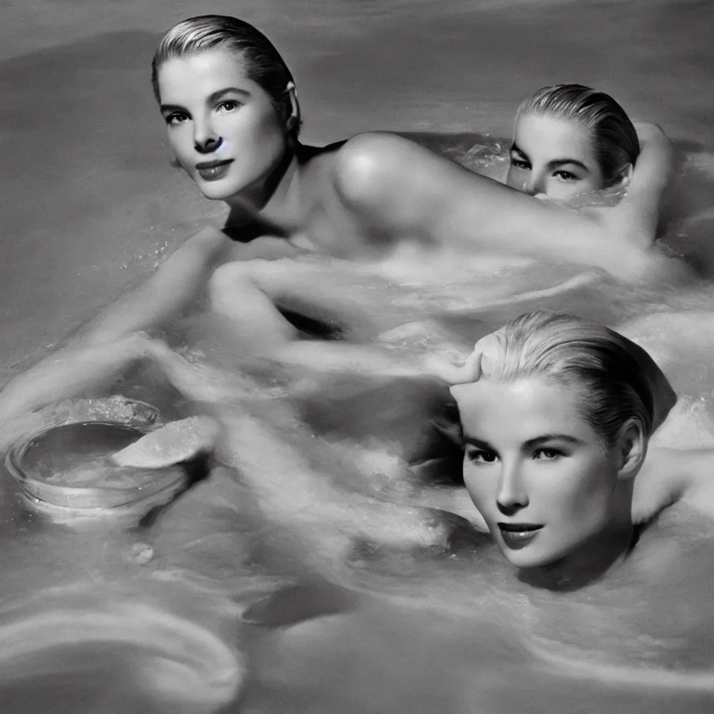 Image similar to Herb Ritts high-contrast color photo of Grace Kelly emerging from a milk bath, vignette, grainy film, shallow depth of field