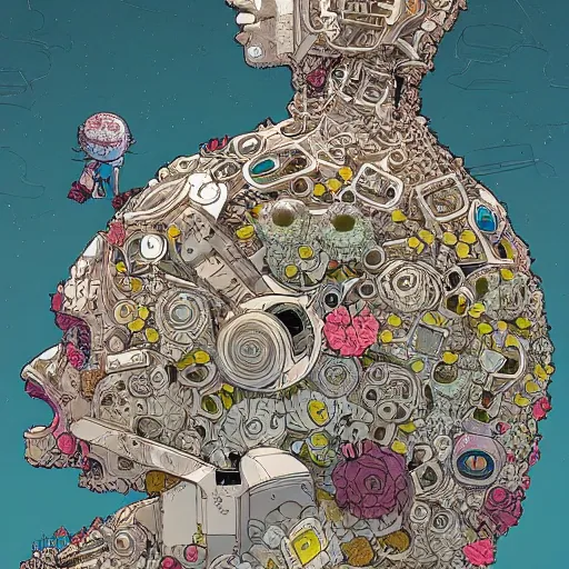 Image similar to hyper detailed comic illustration of a beautiful flower growing inside an abandoned robot\'s head, by Josan Gonzalez and Geof Darrow, highly detailed, 8k wallpaper