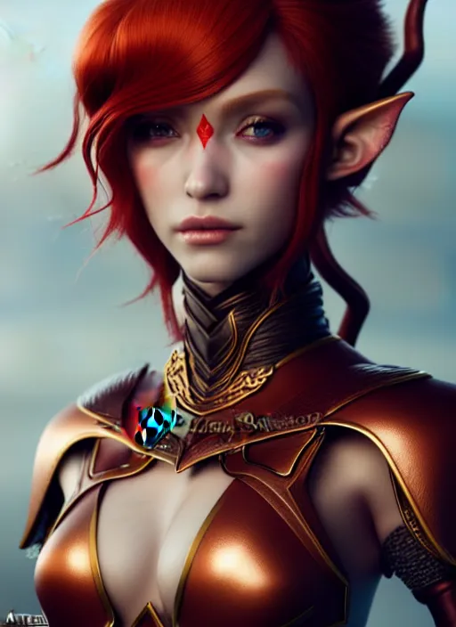 Image similar to leather armor beautiful and elegant curly red hair female elf gorgeous ayes character concept art, sharp focus, octane render! unreal engine 5! highly rendered!! trending on artstation!! detailed linework!! illustration by artgerm, wlop, and chie yoshii