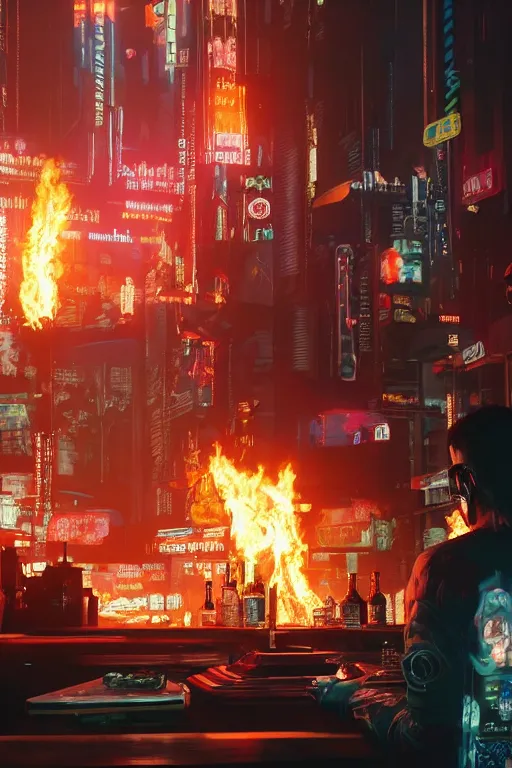 Prompt: in the foreground two glasses of alcohol placed on a table in the background a cyberpunk city in flames, realistic, high definition, 4K, shimmering color, symmetrical face, hyper detailed, art of cyberpunk 2077