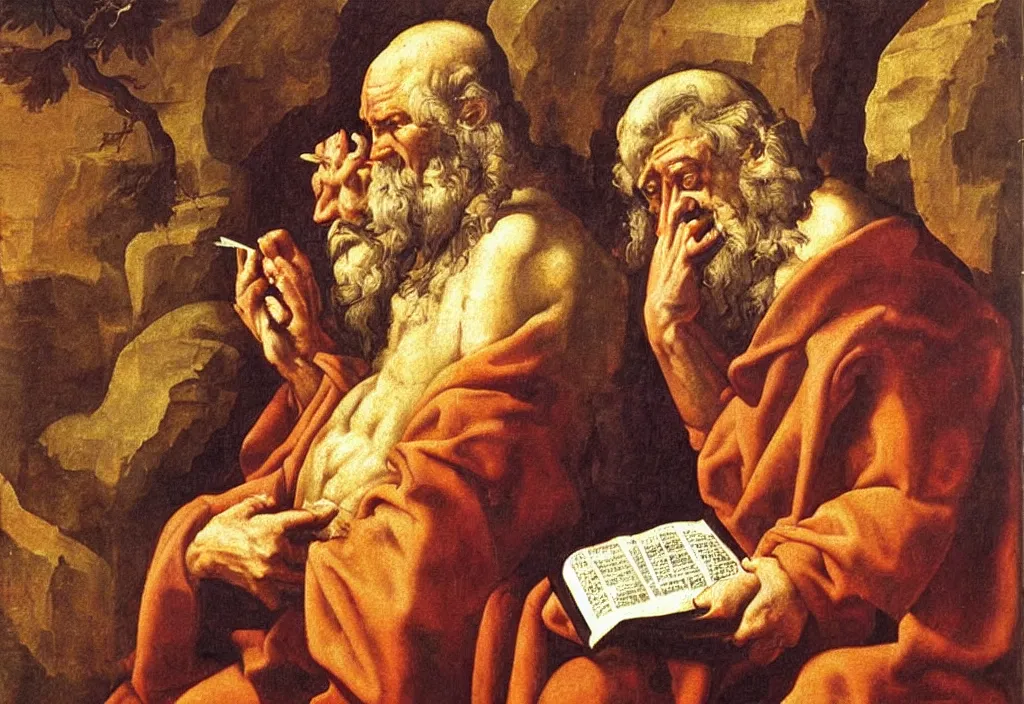 Image similar to saint jerome in the cave translating the bible into vulgate oil painting in the style of michelangelo