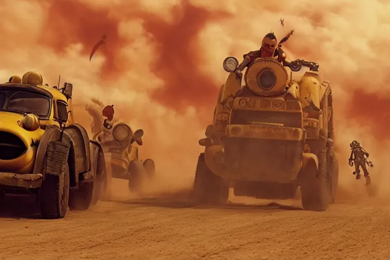 Prompt: a Minions vs super Mario , yellow and red, mechabot, in the Movie Mad Max: Fury Road 2015, epic sandstorm battle, action