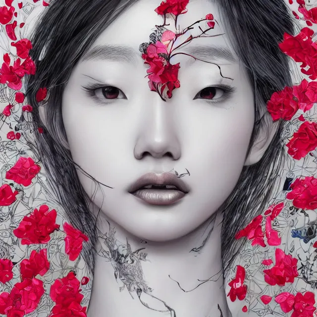 Image similar to studio portrait absurdly beautiful, elegant, graceful, young hypercolorful contrast korean gravure idol rubies and red petals, ultrafine hyperrealistic detailed face illustration by kim jung gi, irakli nadar, intricate linework, sharp focus, bright colors, matte, octopath traveler, final fantasy, unreal engine highly rendered, global illumination, radiant light, intricate environment