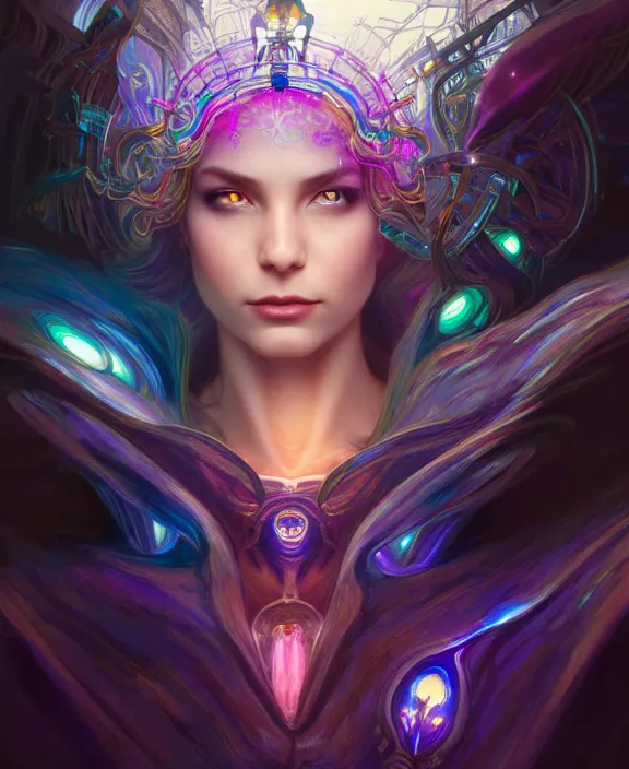 Image similar to a whirlwind of souls rushing inside the metaverse, half body, glowin eyes, tiara with sapphire, pharaoh, android, cyberpunk, d & d, fantasy, intricate, elegant, highly detailed, colorful, vivid color, digital painting, artstation, concept art, art by artgerm and greg rutkowski and alphonse mucha and ruan jia