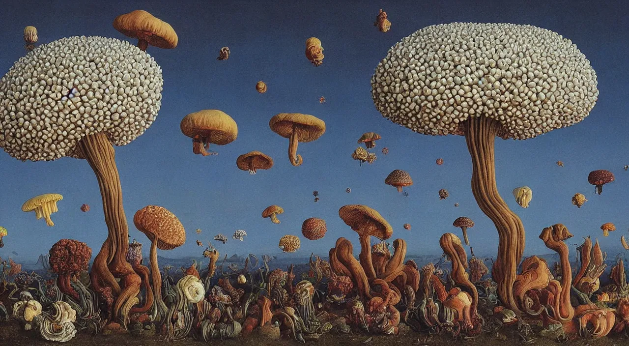 Image similar to a single colorful! ( lovecraftian ) fungus white! clear empty sky, a high contrast!! ultradetailed photorealistic painting by jan van eyck, audubon, rene magritte, agnes pelton, max ernst, walton ford, andreas achenbach, ernst haeckel, hard lighting, masterpiece