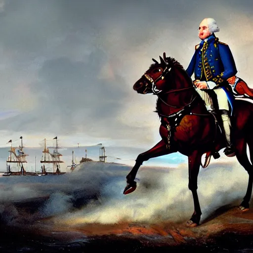 Image similar to George Washington rides a motorcycle to attack the British army in the revolutionary war, epic, cinematic, concept Art, detailed, 4K