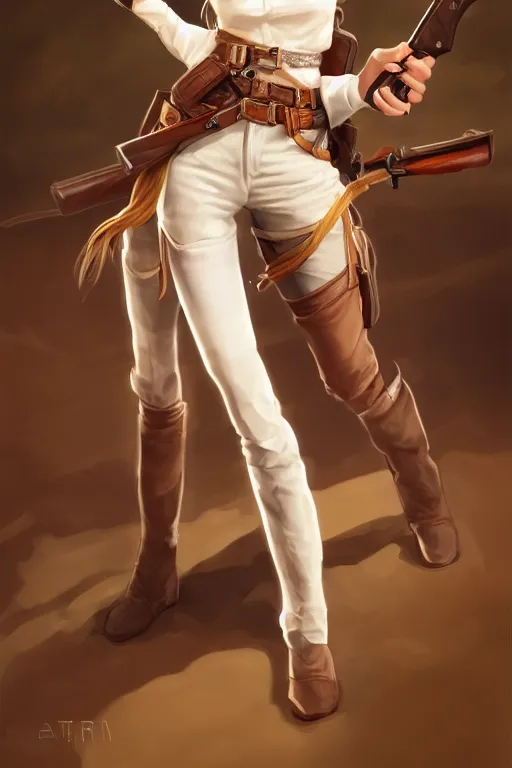 Image similar to full body, female cowgirl, perfect face, white blouse, long rifle, 8 k, magic the gathering, desert, d & d, artstation