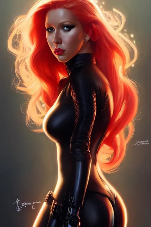 Image similar to christina aguilera as black widow, realistic portrait, symmetrical, highly detailed, digital painting, artstation, concept art, smooth, sharp focus, illustration, cinematic lighting, art by artgerm and greg rutkowski and alphonse mucha