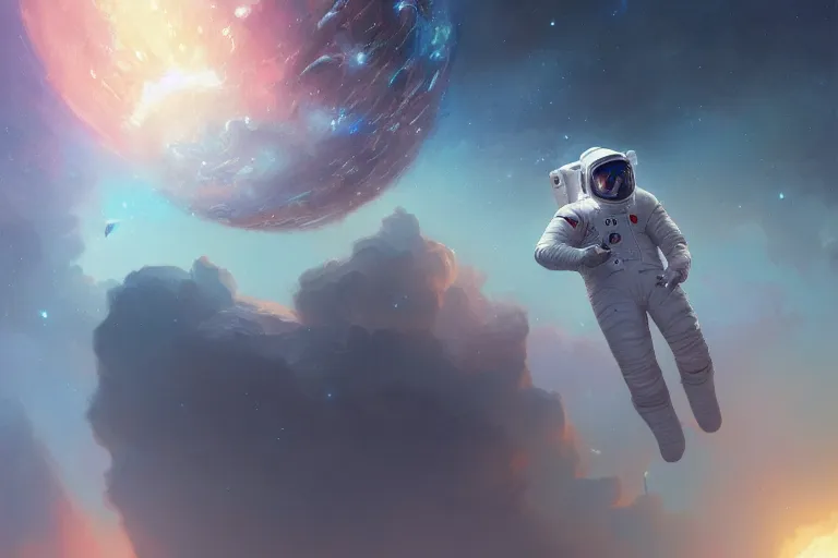 Prompt: ultra realistic digital painting of an astronaut floating in space, by greg rutkowski and artgerm, detailed, intricate, sharp focus, symmetry, sci - fi, fantasy, neon lights, galaxies, stars, space, realism, artstation, cinematic lighting, portrait, trippy, psychedelic art