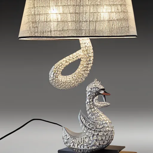 Image similar to luxury table lamp with a swan shape, intricate details, designed by swarovski