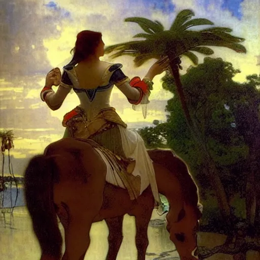 Image similar to Girl riding a horse leaving the palace through the bridge, thunderstorm, beach and palm trees on the background major arcana sky, by paul delaroche, alphonse mucha and arnold böcklin arnold böcklin hyperrealistic 8k, very detailed