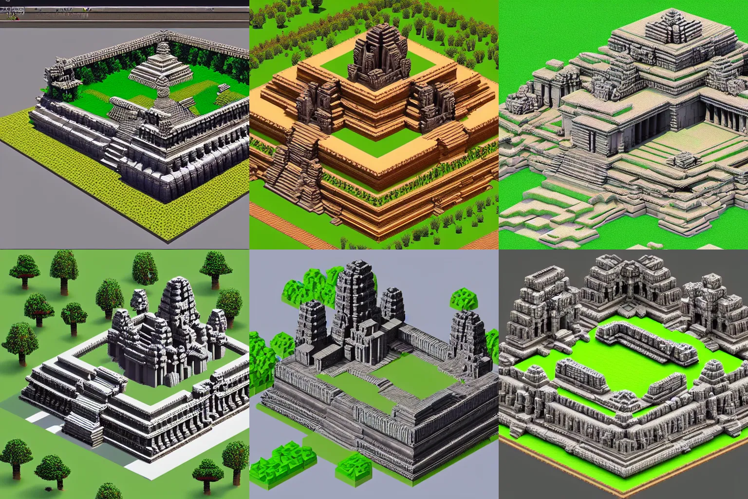 Prompt: 3d voxel image of The Bayon Temple, Angkor, Cambodia, isometric voxel art
