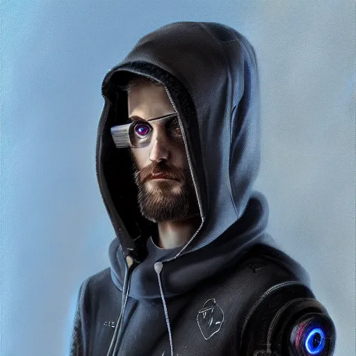 Image similar to a portrait of an ultradetailed male cyberpunk waring a hoodie, bearded, deep blue eyes, by ivan lopez, 8 k, digital painting