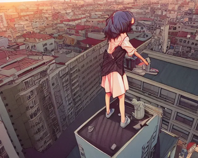 Image similar to teen standing on the roof of a building, sunset, bird eye view, fisheye view, illustration, by pine ( ハイネ ) and 薯 子 imoko and 香 川 悠 作 and wlop and maya takamura, highly detailed, trending artstation, pixiv, digital art