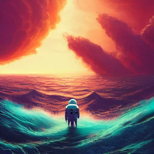 Prompt: hyperdetailed atmospheric masterpiece concept art of an astronaut standing in the middle of the ocean with a gigantic tidal wave in the background, high quality trending on ArtStation by Simon Stalenhag, golden hour