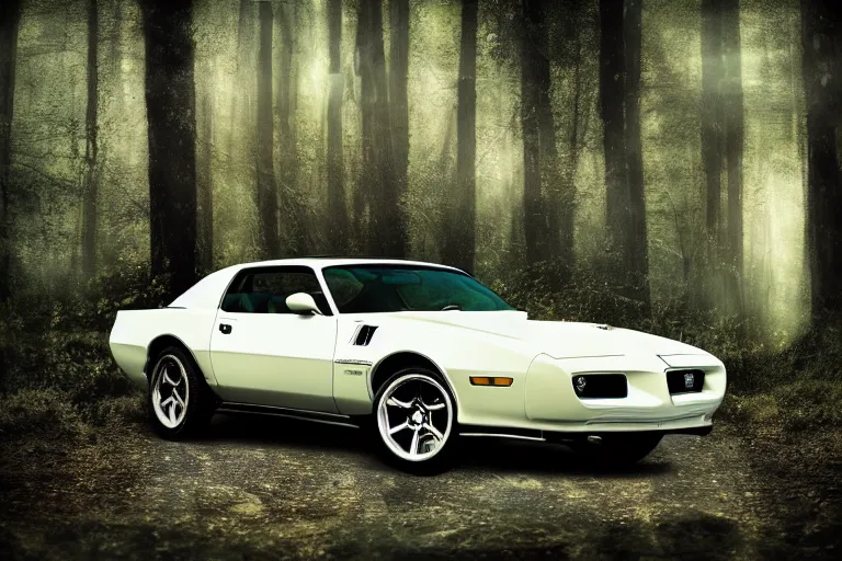 Prompt: reflective white pontiac firebird with kittens drawn on it, dramatic, cinematic, forest, volumetric lighting