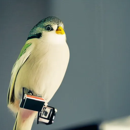 Image similar to A photograph of a bird wearing headphones and speaking into a high-end microphone in a recording studio.