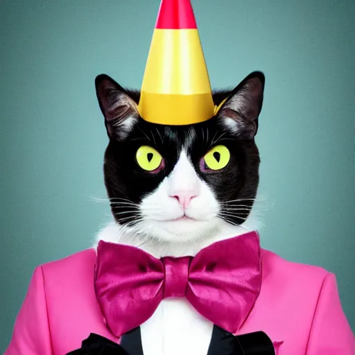 Image similar to man with the head of a tuxedo cat, wearing a party hat