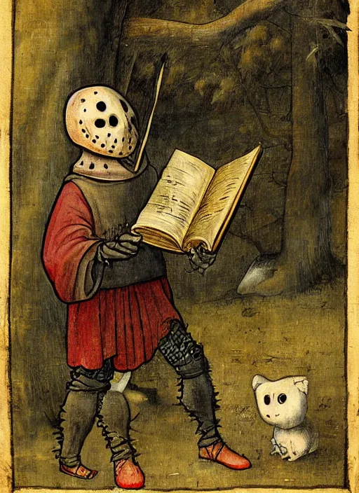 Prompt: medieval Jason Voorhees reading a book painted by hieronymus bosch, detailed digital art, trending on Artstation