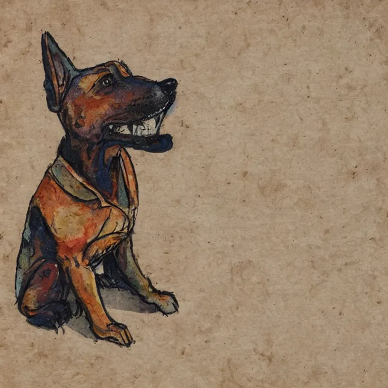 Prompt: a cute retro dog. alcohol inks on parchment, muted colors, detailed, textured parchment background, 1 9 5 0 s concept art