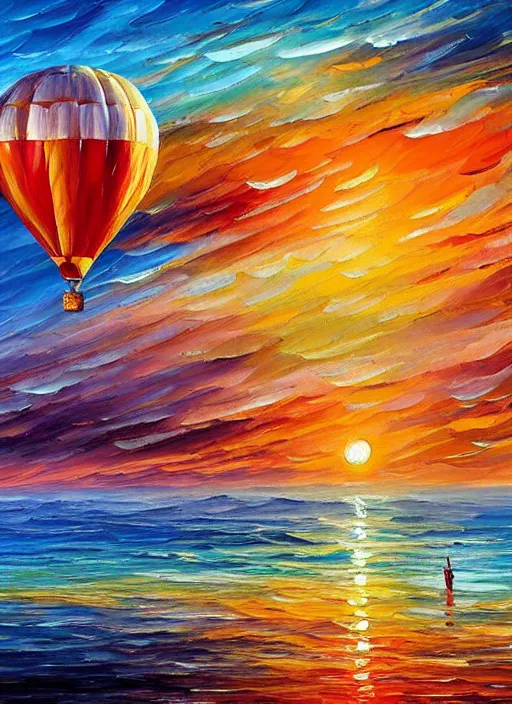 Image similar to beautiful hot air balloons over the ocean at sunset in the style of leonid afremov