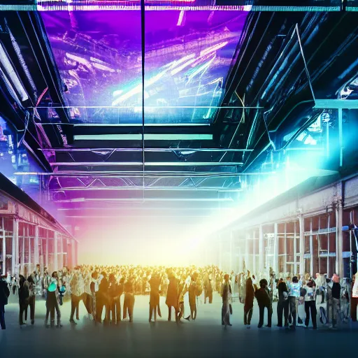 Image similar to large group people in a warehouse, looking at small hologram of futuristic city on a table, cinematic concept art, godrays, golden hour, natural sunlight, 4 k, clear details, tabletop model buildings, tabletop model, hologram center, crane shot