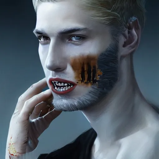 Prompt: portrait painting of a police officer with pale skin short blond hair a patchy beard and vampire fangs, sharp focus, ultra realistic, concept art, intricate details, eerie, highly detailed, photorealistic, octane render, 8 k, unreal engine. art by artgerm and charlie bowater and greg rutkowski