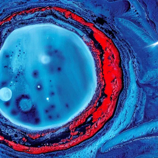 Image similar to a picture of an alien planet, blue planet, red lava rivers, center of the frame