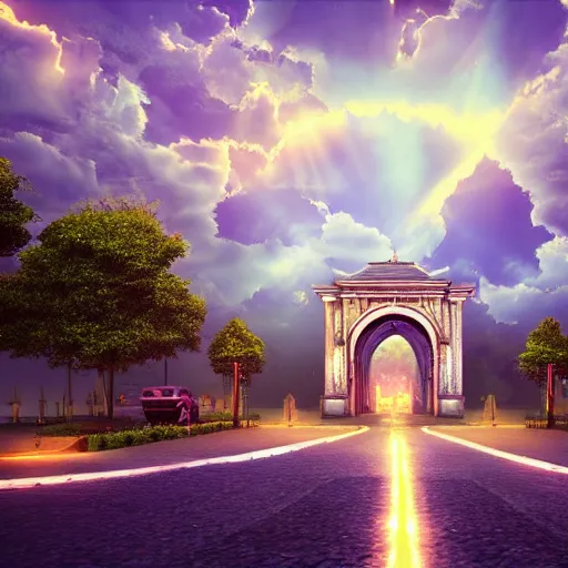 Image similar to a long path to the gates of heaven with glowing clouds, illuminated background with streets made of gold and architecture made of crystal, photorealism, 4 k