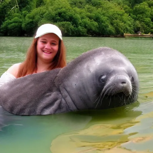 Prompt: fluffy pygmy manatee being hugged by a person, realistic, fantasy, pet, adorable, national geographic