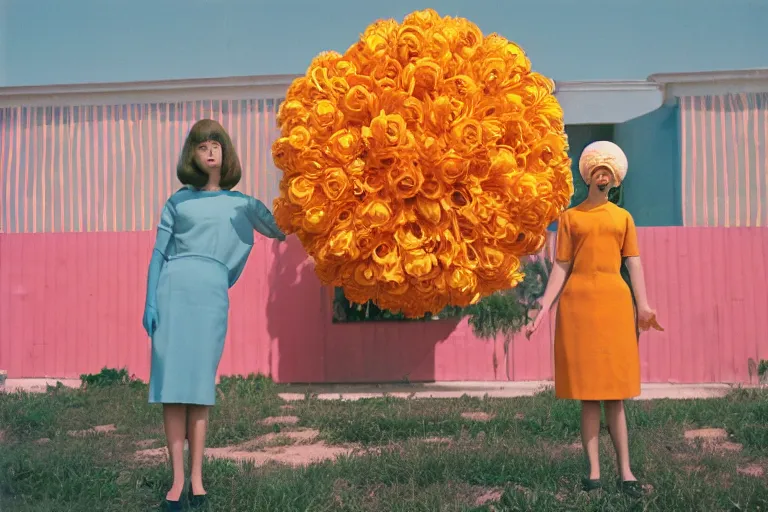 Image similar to giant flower head, girl standing, 1 9 6 0 s architecture, surreal photography, symmetry, mid century, liminal space, bright colours, wes anderson