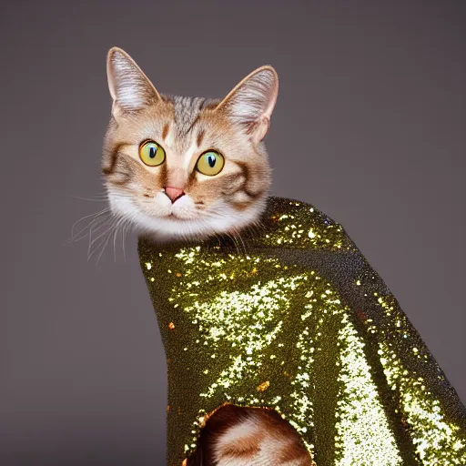 Image similar to a high - quality photo of a cat wearing a sequined designer cape, hyperrealistic, textured, animal portrait, f 2. 8