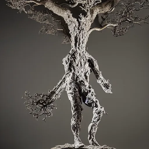 Image similar to a human man statue encased by a cosmic tree, a sense of awe, amazement, monogon, plasma display, wooden, silver, mercury, damascus, armature wire, multiscopy, morph, in a symbolic and meaningful style, insanely detailed and intricate, hypermaximalist, elegant, ornate, hyper realistic, super detailed,